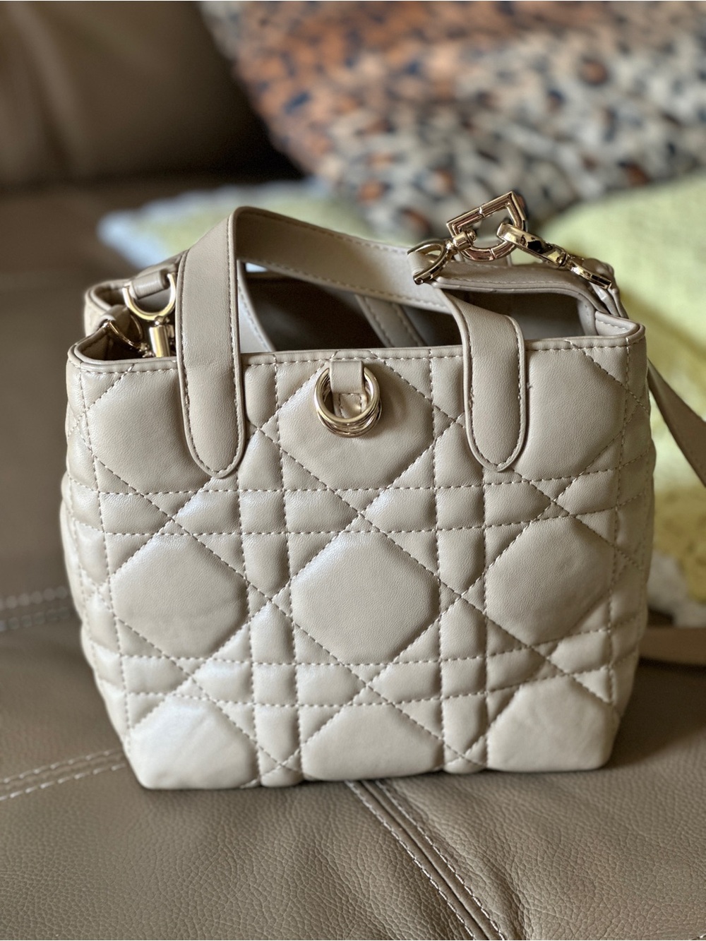Elegant Quilted Cream Women's Tote Bag with Gold Hardware